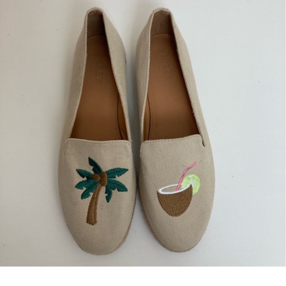 *J.Crew Beige Tan Tropical Embroidered Palm Tree Coconut Slip On Espadrilles #SR